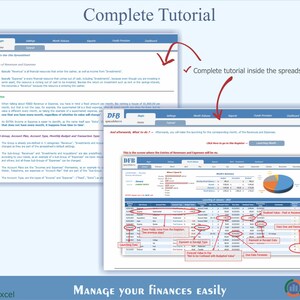 May include: A screenshot of a computer screen showing a spreadsheet program with the title "Complete Tutorial" and the text "Manage your finances easily". The spreadsheet is divided into columns and rows with various data and formulas. The spreadsheet is designed to help users track their income and expenses.