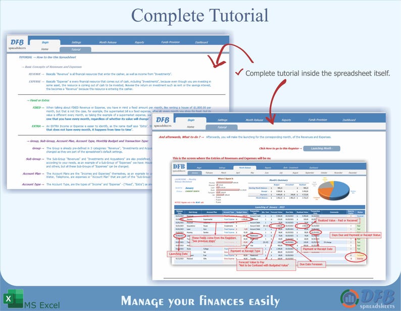 May include: A screenshot of a computer screen showing a spreadsheet program with the title "Complete Tutorial" and the text "Manage your finances easily". The spreadsheet is divided into columns and rows with various data and formulas. The spreadsheet is designed to help users track their income and expenses.