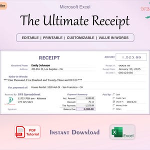 Hoja de cálculo de recibos personalizable Recibo con generación automática de importe en Word Plantilla de libro de recibos editable Recibo imprimible en Excel