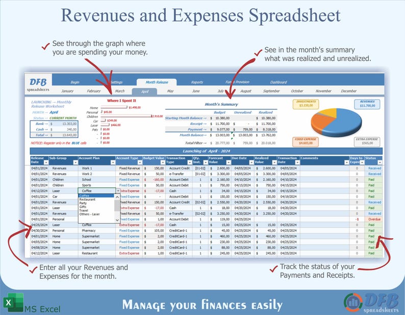 May include: A screenshot of a spreadsheet program showing a budget and expense tracker. The spreadsheet is titled "Revenues and Expenses Spreadsheet". The spreadsheet includes a graph showing where money is being spent, a summary of the month's income and expenses, and a table listing individual transactions. The spreadsheet is designed to help users manage their finances easily.