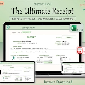 Customizable Receipt Spreadsheet, Automatic Amount in Words Generation, Editable and Printable Receipt, Template Receipt, Receipt Form Excel