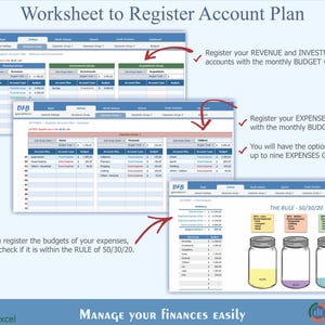 May include: A worksheet to help you register your account plan for managing your finances. The worksheet is divided into three sections: Revenue and Investment, Expenses, and The Rule. The Rule section shows a visual representation of the 50/30/20 budget rule, which suggests allocating 50% of your income to needs, 30% to wants, and 20% to savings.
