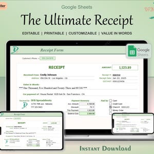 Professional Receipt Form Template Google Sheets Automatic Value in Words Generation Customizable AutoFill Editable and Printable Receipt