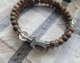 Fransican Crown Rosary | Small Wood Bead | Seven Decade Rosary Bracelet | Saint Francis | Tau Cross | Christian Dad | Stainless Steel