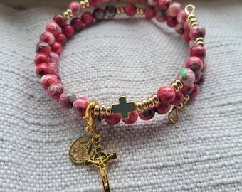 Saint Therese Little Flower | Handcrafted Rosary Bracelet | Gold Plated Stainless Steel | Wrap