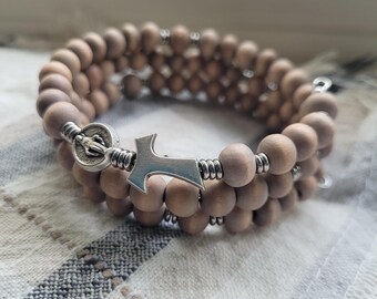 Fransican Crown Rosary | Wood | Seven Decade Rosary Bracelet | Saint Francis | Tau Cross | Christian Dad | Stainless Steel
