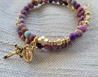 Saint Rita Rosary Bracelet | Imperial Jasper | Gold Bee Charm | Miraculous Medal | Gold Plated Stainless Steel