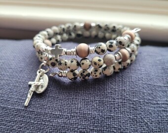Saint Felicity Rosary Bracelet | Dalmatian Jasper | Stainless Steel Silver Jewelry | Memory Wire Wrap | Adjustable