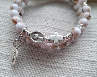 Youth First Communion Rosary Bracelet | Girls Catholic Jewelry | Sacramental Gift | Crushed Shells | White & Silver