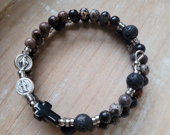 Saint Benedict | Men's Rosary | Christian Dad | Lava Bead | Natural Stone | Rosary Bracelet | Stainless Steel