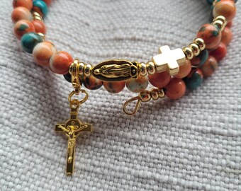 Our Lady of Guadalupe Rosary Bracelet: Gold Plated Stainless Steel, Fossil Stone