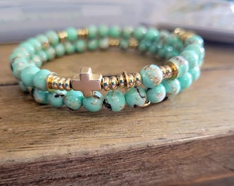 Saint Agnes Rosary Bracelet | Crushed Seashell & Synthetic Turquoise | Gold-Plated Stainless Steel