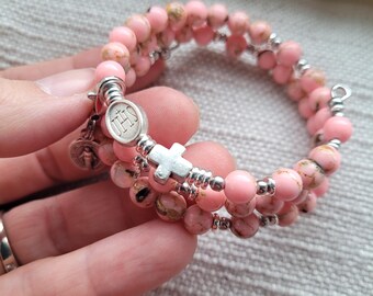 Youth First Communion Rosary Bracelet | Girls Catholic Jewelry | Sacramental Gift | Crushed Shells | Pink & Silver