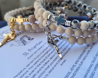 Saint Perpetua Rosary Bracelet: Dalmatian Jasper, Gold-Plated Crucifix