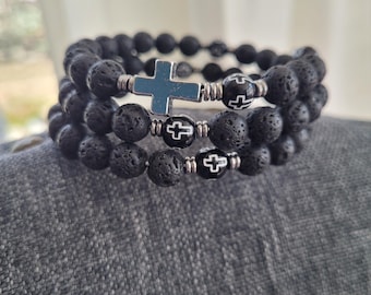 Mens Cross Rosary | Black Lava Bead | Natural Stone| Rosary Bracelet | Christian Dad| Stainless Steel