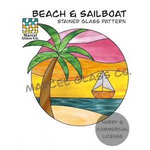 Patrón de vitral de playa y velero, patrones de vitrales, descarga digital, vitrales DIY