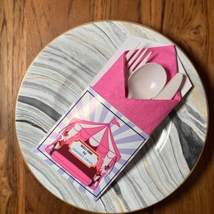 Personalisierte rosa Zirkus Geburtstag Bestecktasche | Karneval Geburtstag | Pastel Circus | Recyclebar