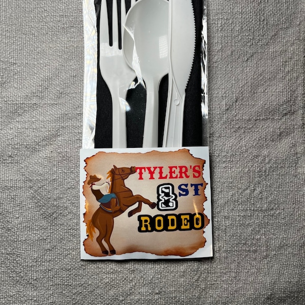 Personalized Cowboy First Rodeo Utensil Pack | Rodeo Themed Birthday Party  | Cutlery  Holder | Disposable Set For Kids Birthday