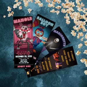 May include: A collection of five colorful event tickets featuring cartoon characters and text. The tickets have a dark background with character names like "Mangle" and "Balloon Boy". The date "December 05, 2025" is visible on one ticket.