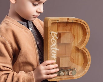 Custom initial Coin Bank With Name,Wooden Piggy Bank for Boys or Girls, Kids Birthday,Name Piggy Bank,Wood Gift For Kids,Nursery Decor