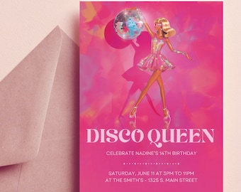 Disco Fashion Doll Birthday Invitation, Sparkle Pink Invitation Template, Disco Ball Themed Decor, Girl Party Invite Editable Printable Card