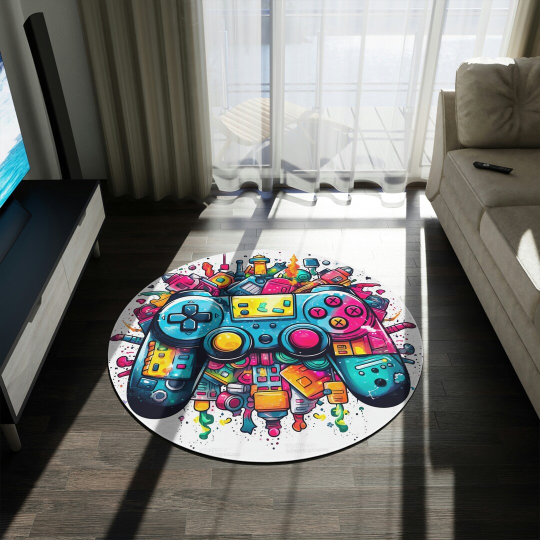 Gaming Kids Round Rug Gaming Room Décor Bright Colour Circle Rug Kids ...