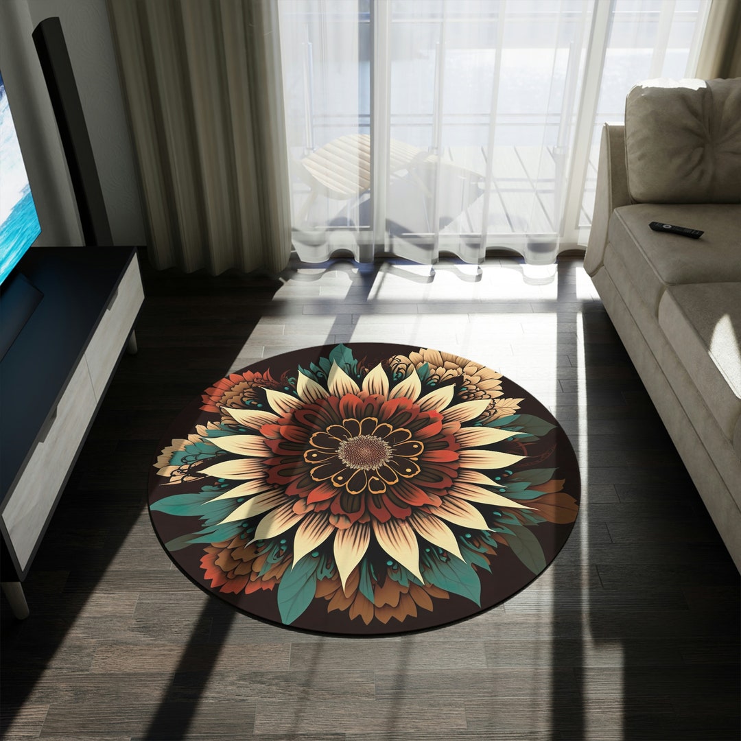 70's Boho Flower Round Rug | Round Wall Art | Bohemian Flower Design ...