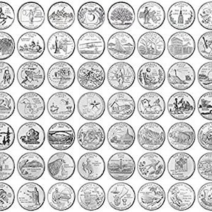May include: A collection of 100 US quarter coins, each featuring a different state design. The coins are arranged in a grid pattern, with each coin showing a unique image and inscription.