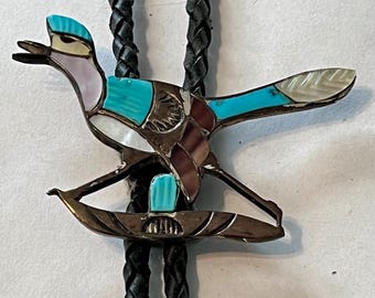 Vintage Zuni Thunderbird Roadrunner Bolo Tie | with Sterling Silver, turquoise, mother of pearl, and other stone inlays.