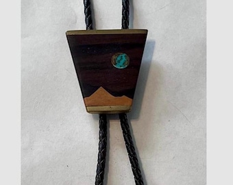 Vintage Zuni Bolo Tie | Turquoise, Gold Plated | Leather Cord, SKY WEST
