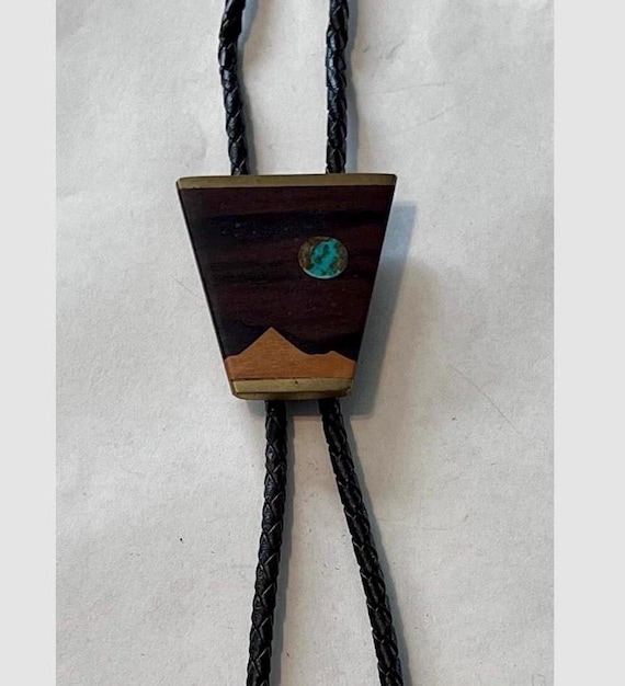 Vintage Zuni Bolo Tie | Turquoise, Gold Plated | Leather Cord, SKY