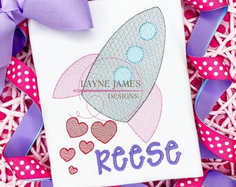 Valentine Rocket Ship Spaceship Hearts Sketch Simple Machine Embroidery Design
