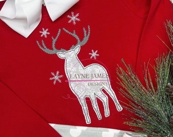 Deer with Snowflakes Bean Stitch Applique Reindeer Quick Stitch Vintage Simple Machine Embroidery Design