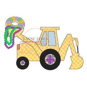 May include: A yellow toy construction vehicle with a purple and green Mardi Gras bead necklace and a purple, green, and yellow donut-shaped Mardi Gras decoration. The vehicle has a black tire with a purple fleur-de-lis design.