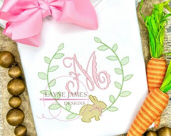 Laurel Wreath with Bunny LARGE SIZES 7in, 8in, 9in, 10in Sketch Fill Stitch Machine Embroidery Applique Design