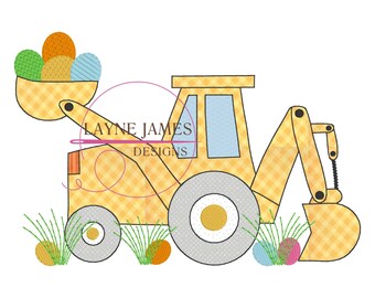 Easter Egg Backhoe with Grass Bean Stitch Applique Quick Stitch Vintage Simple Machine Embroidery Design