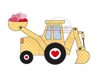 Valentine Backhoe with Hearts Bean Stitch Applique Quick Stitch Vintage Simple Machine Embroidery Design