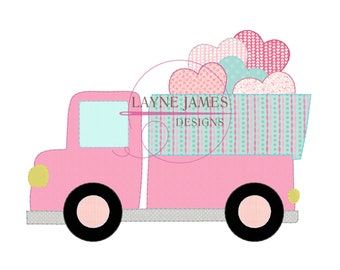Valentine Truck with Hearts Bean Stitch Applique Quick Stitch Vintage Simple Machine Embroidery Design