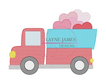 Valentine Truck with Hearts Love Sketch Simple Machine Embroidery Design