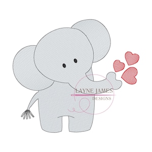 Elephant with Hearts Valentine Sketch Simple Machine Embroidery Design