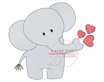 Elephant with Hearts Valentine Sketch Simple Machine Embroidery Design