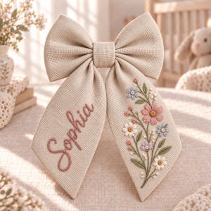 Op de afbeelding: Een beige stoffen haarstrik met de geborduurde naam Sophia in een oudroze schrijfletter op de linkerstaart en een gedetailleerd bloemenborduursel met roze, blauwe en witte bloemen met groene bladeren op de rechterstaart.