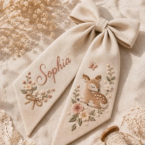 Könnte beinhalten: Eine beigefarbene Haarschleife aus Stoff mit detaillierter Stickerei. Ein Ende zeigt den Namen Sophia in Schreibschrift mit Blumenmotiven, während das andere Ende ein ruhendes Rehkitz inmitten von Blumen und einen kleinen Schmetterling zeigt.