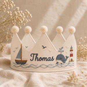 Corona di compleanno personalizzata in lino – Corona nautica per neonato, tema oceano, balena, barca a vela, faro, completo per il primo compleanno del bambino, cappellino per il cake smash