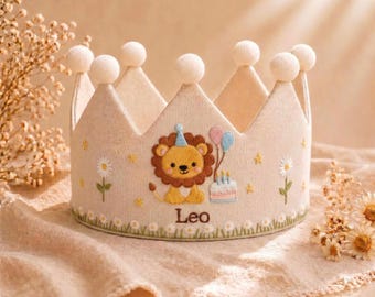 Gepersonaliseerde leeuw verjaardagskroon/aangepaste kroon babynaam/eerste verjaardagshoedje/verjaardagsoutfit peuter/safari themafeest krooncadeau