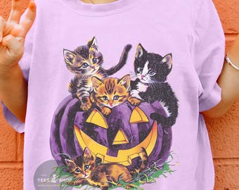 Kids Halloween Shirt, Vintage Kitten Halloween Shirt, Cute Cat Shirt, Cat Shirt For Kids, Youth Retro Halloween Shirt, Cat Lover Gift