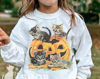 Kids Cat Halloween Sweater, Youth Halloween Sweatshirt, Cat Sweater, Vintage Cat Sweatshirt, Spooky Season Shirt, Kids Fall Sweatshirt