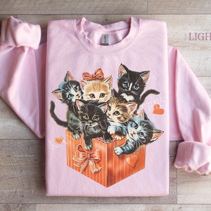 Cute Cat Valentine&#39;s Day Sweater, Retro Cat Present Shirt, Vintage 90s Cat Sweatshirt, Vintage Valentine&#39;s Day Sweater, Cat Lover Gift