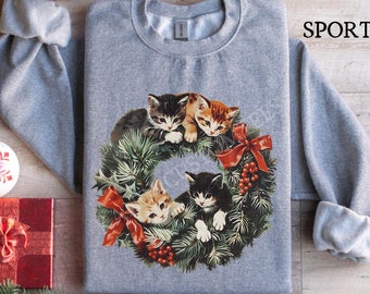 Retro 90s Cat Christmas Wreath Sweater, Cat Christmas Sweatshirt, Cute Cat Shirt, Retro Christmas Tshirt, Cat Lover Gift, Cat Christmas Gift