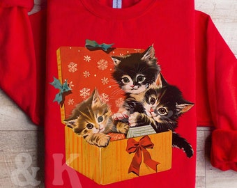 Cute Cat Christmas Sweater, Vintage 90s Cat Christmas Sweater, Retro Christmas Gift, Funny Cat Christmas Sweatshirt, Cat Lover Gift